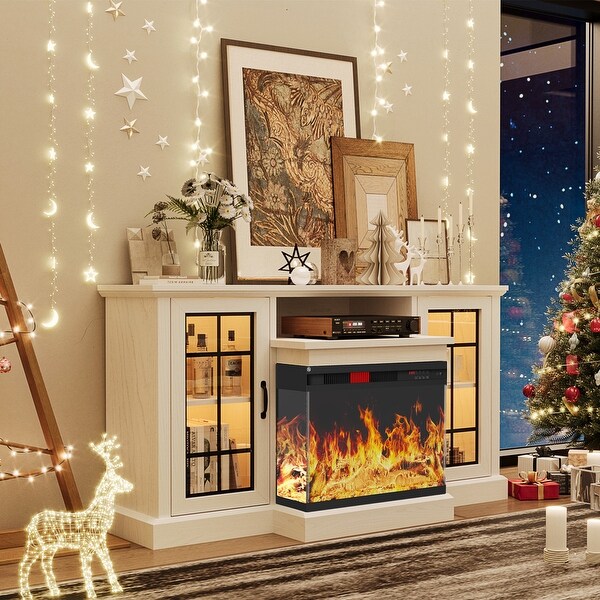 Fireplace TV Stand with All-Sided Glass Electric Fireplace - On