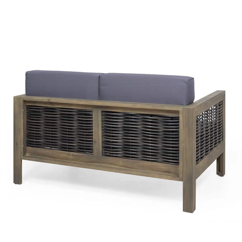 Linwood Acacia Wood and Wicker Outdoor Loveseat and Coffee Table Set with Cushions by Christopher Knight Home