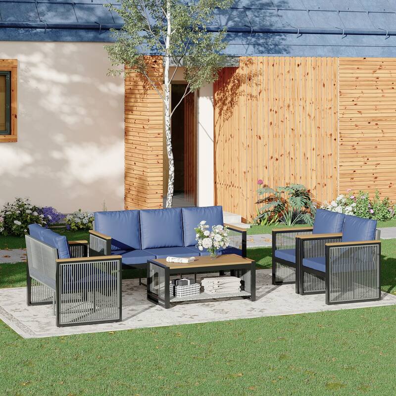 EROMMY Outdoor Patio Furniture Sets - 5/6/7 Piece All-Weather Conversation Sets withTable & Ottoman, Sectional Sofa & Chairs. - 5 PCS - 3-Seater & Loveseat & 2 Chairs - Blue