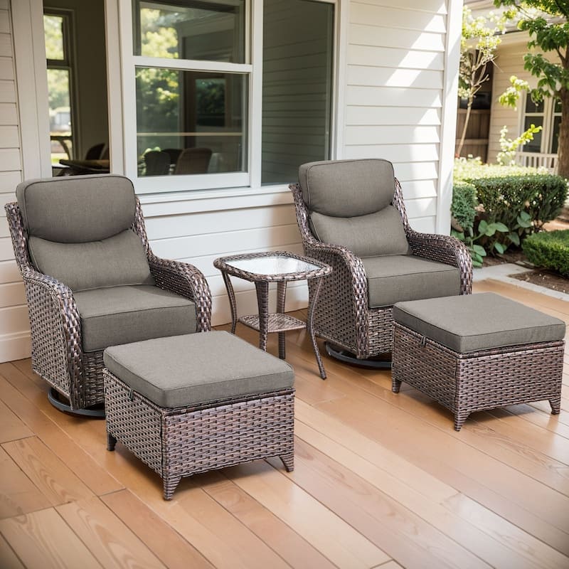 Arcadia 5-Piece Wicker Patio Swivel Glider Set with 6-Inch Thick Cushions - Gray Cushions - Brown Wicker