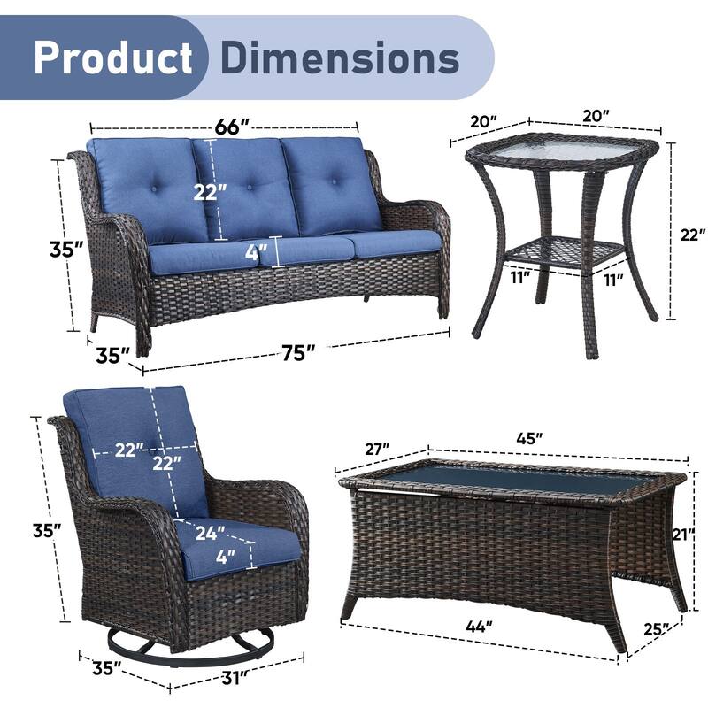 Pocassy 5 Pieces Outdoor 4 Inch Sofa Swivel Chairs Table