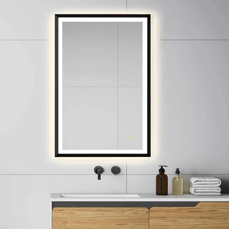 Apollo Rectangular Anti-Fog Dimmable Modern Bathroom/Vanity LED Lighted Wall Mirror in Matte Black Aluminum Framed