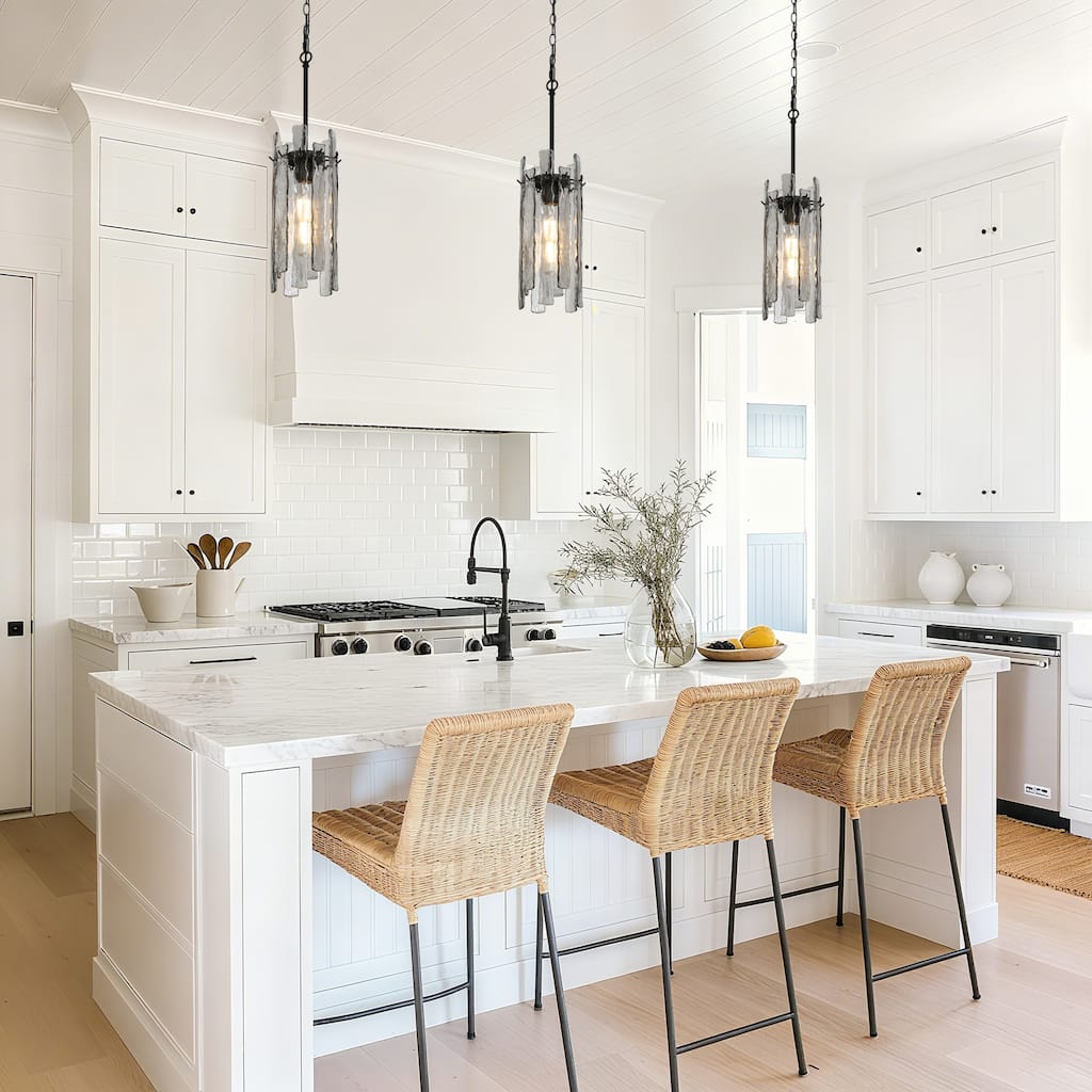 Modern 1-Light Black Cylinder Pendant Light Texture Glass Island Light - D 7.9" x H 16.5"