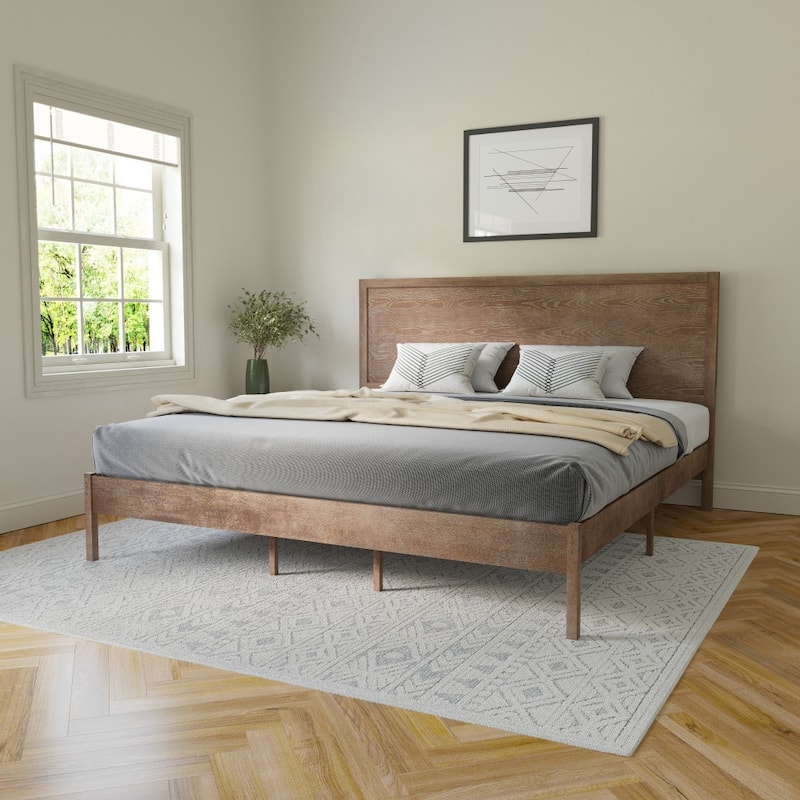 Solid Wood Platform Bed with Headboard and Wooden Slats - Light Brown - King