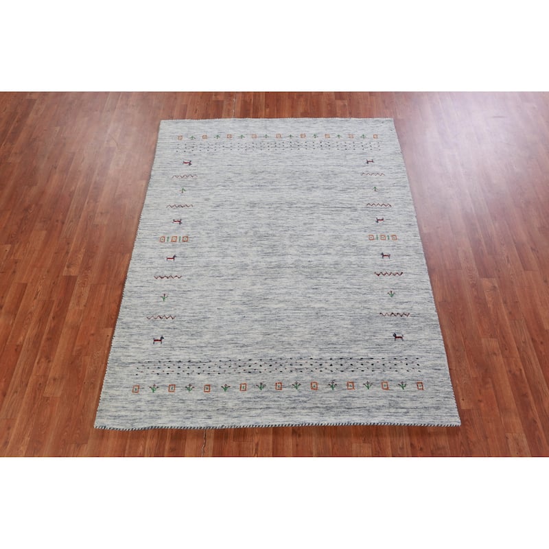 Hand Knotted Oriental 100% Wool Carpet Tribal Animal Pictorial Beige & Ivories Gabbeh Area Rug - 6' 9'' X 5' 2''