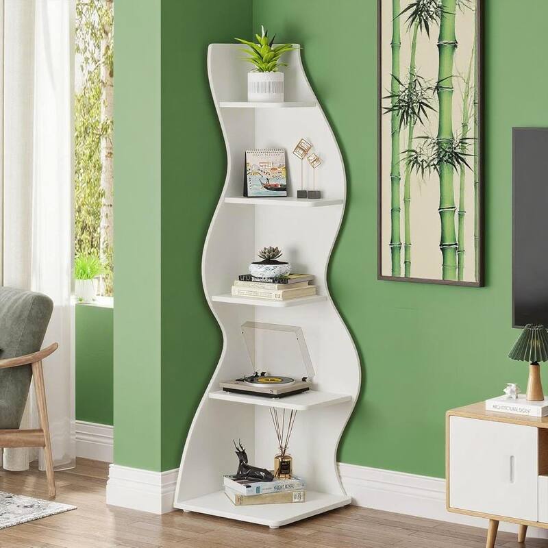 Modern 5-Tier Corner Shelf Unit with Adjustable Shelves for Living Room Office or Bedroom - 19.68” x 18.89” x 69.88”