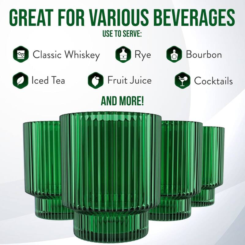 American Atelier Set of 4 Vintage Art Deco Fluted Drinking Glasses - 9 oz.