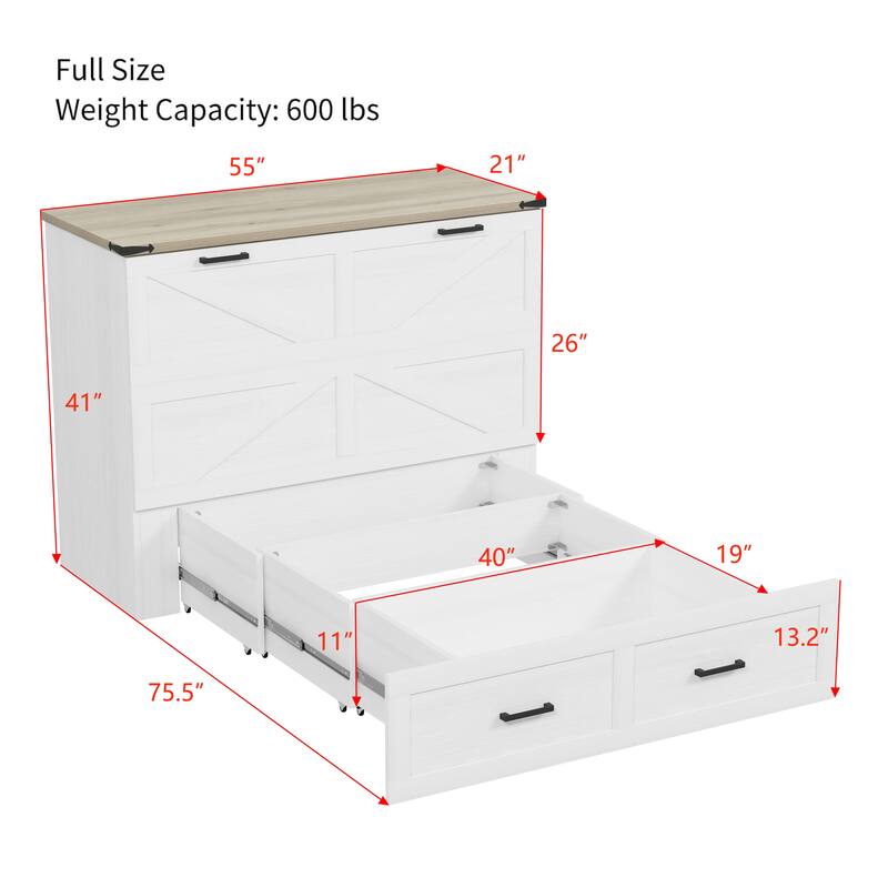 Space-Saving Foldable Cabinet Bed with Charging Station and Storage Drawers, Full Size, White
