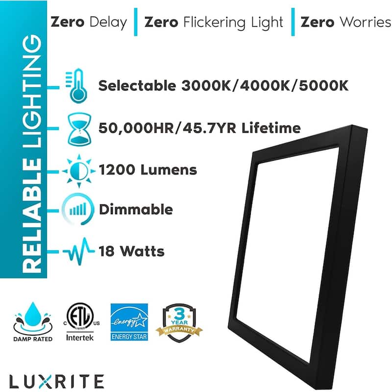 Luxrite 9" Square LED Flush Mount 18W 3 Color Selectable 1200 Lumens Dimmable Damp Rated Black 2 Pack