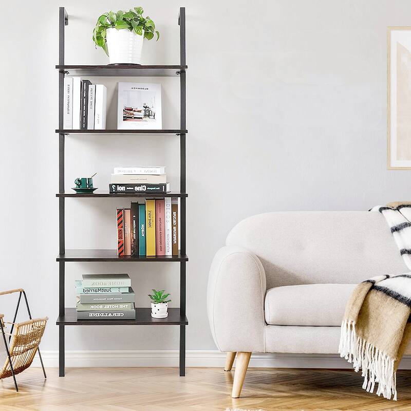 5-Shelf Wood Ladder Bookcase with Metal Frame Modern Tall Display Shelf Racks - Brown