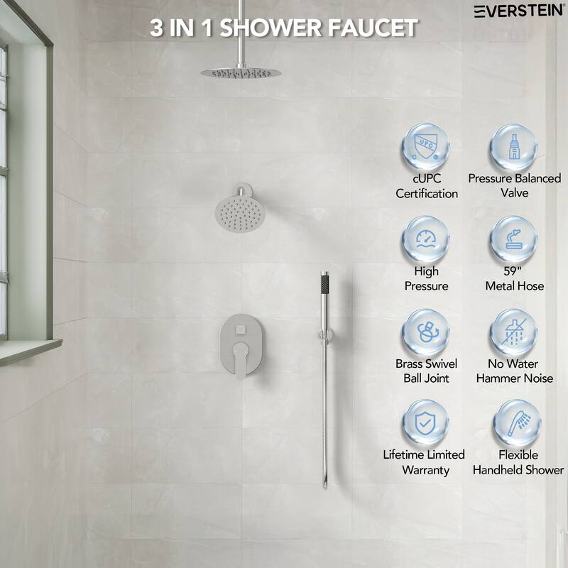 Shower System 10 & 6 in. Dual Rainfall Shower Head Faucet Set with Handheld Pressure Balance Valve Trim Kit