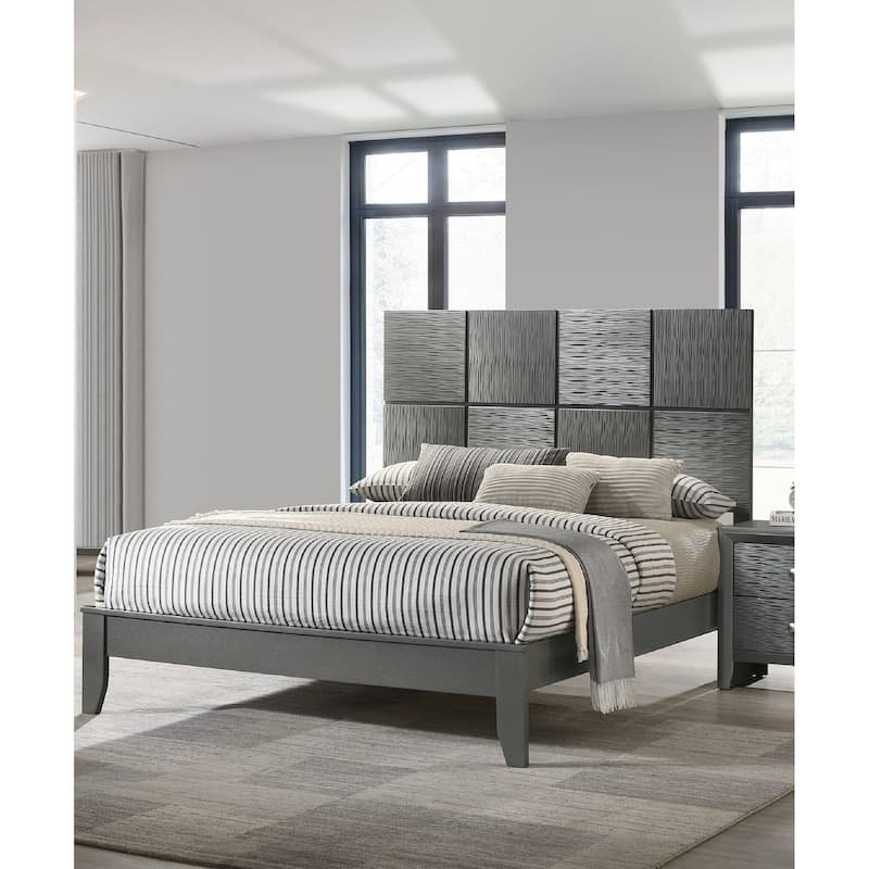 Queen Size Bed with Geometric Paneling and Gun Metal Finish