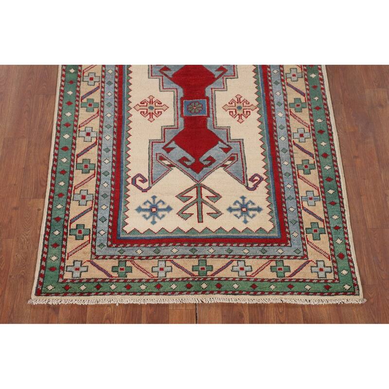 Ivory Geometric Kazak Accent Rug Hand-Knotted Wool Carpet - 3'5" x 5'0"