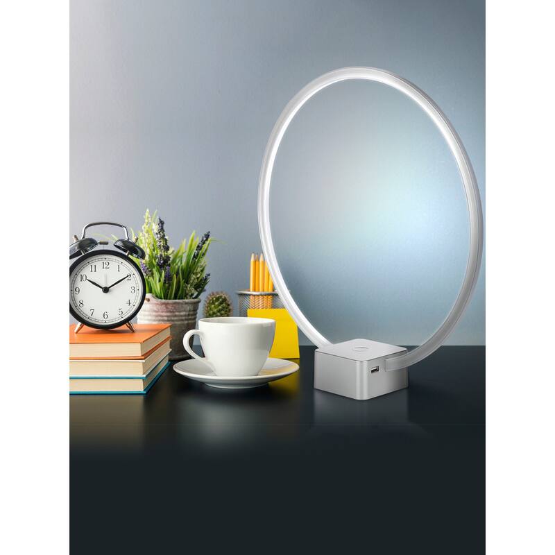 Brightech Circle 15 in. Platinum Silver Industrial Integrated LED Arched/Arc Table Lamp with Built-In 3-Way Dimmer