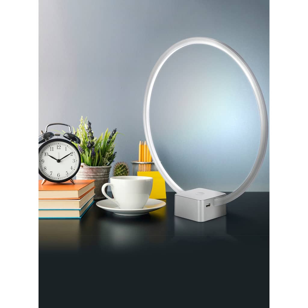 Brightech Circle 15 in. Platinum Silver Industrial Integrated LED Arched/Arc Table Lamp with Built-In 3-Way Dimmer