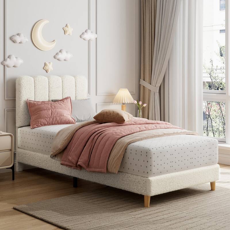 Twin Bed Frame, Boucle Upholstered Platform Bed with Wave Headboard for Girls/Kids, Easy Assembly,Wooden Slats Support - White - Twin
