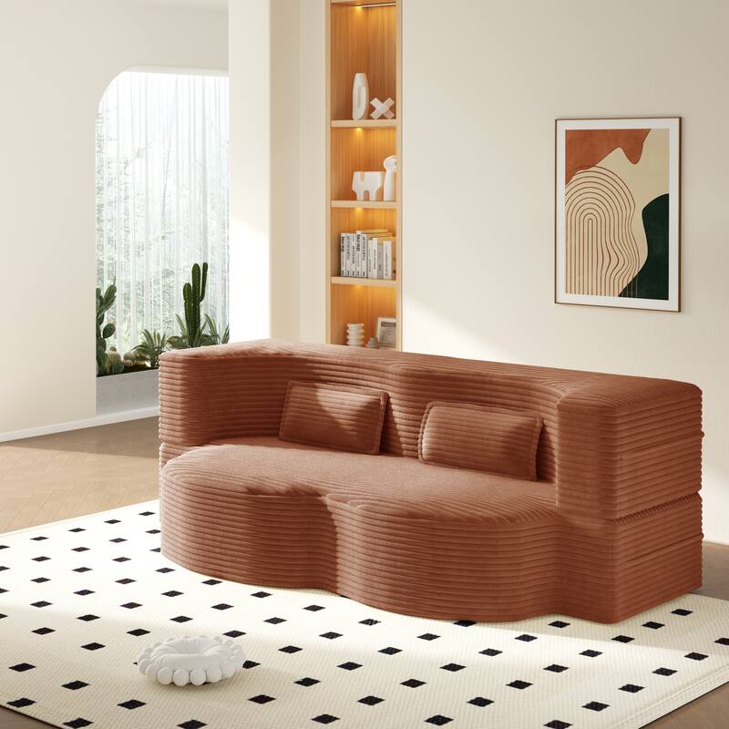 Modern Floor Sofa Bed, Convertible Corduroy Sleeper Couch Folding Loveseat with 2 Pillows