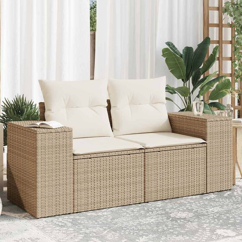 vidaXL Patio Sofa with Cushions 2-Seater Modular Couch Loveseat Poly Rattan - 24.4 x 73.2 x 27.2 in - Beige with storage