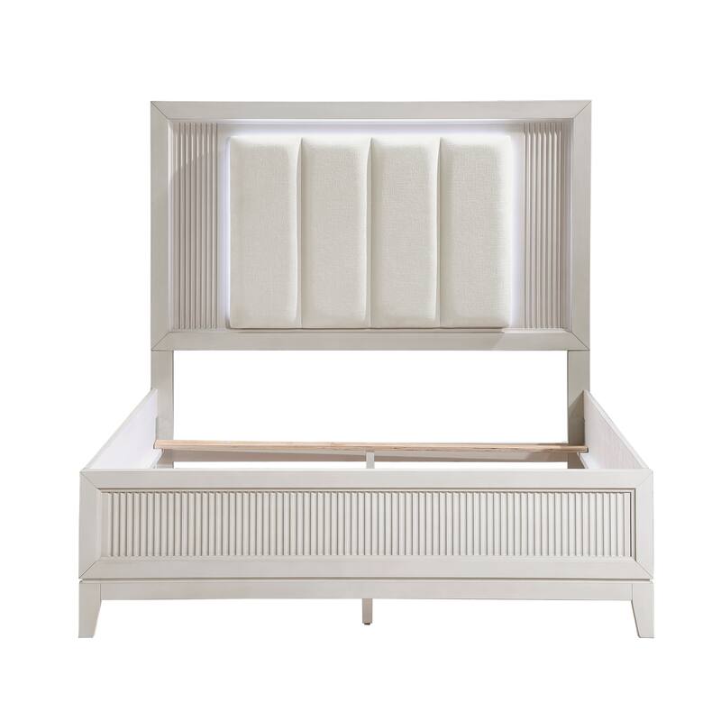 Queen Bed with LED Headboard and Upholstered Cushion, Reeded Fronts, Modern Bedroom Furniture - Antique White Finish