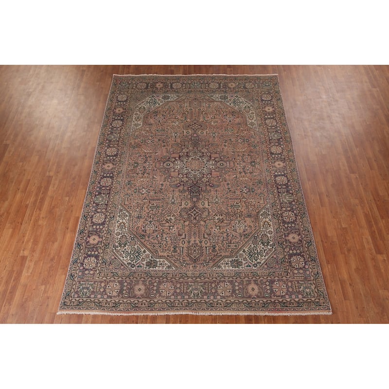 Pink Geometric Tabriz Vintage Persian Rug Hand-Knotted Wool Carpet - 8'0" x 11'2"