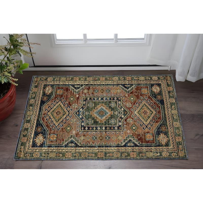 HomeRootsTribal Bohemian Rectangle Area Rug - 66.93' X '46.06' X '0.55 - Tan/Blue/Rust