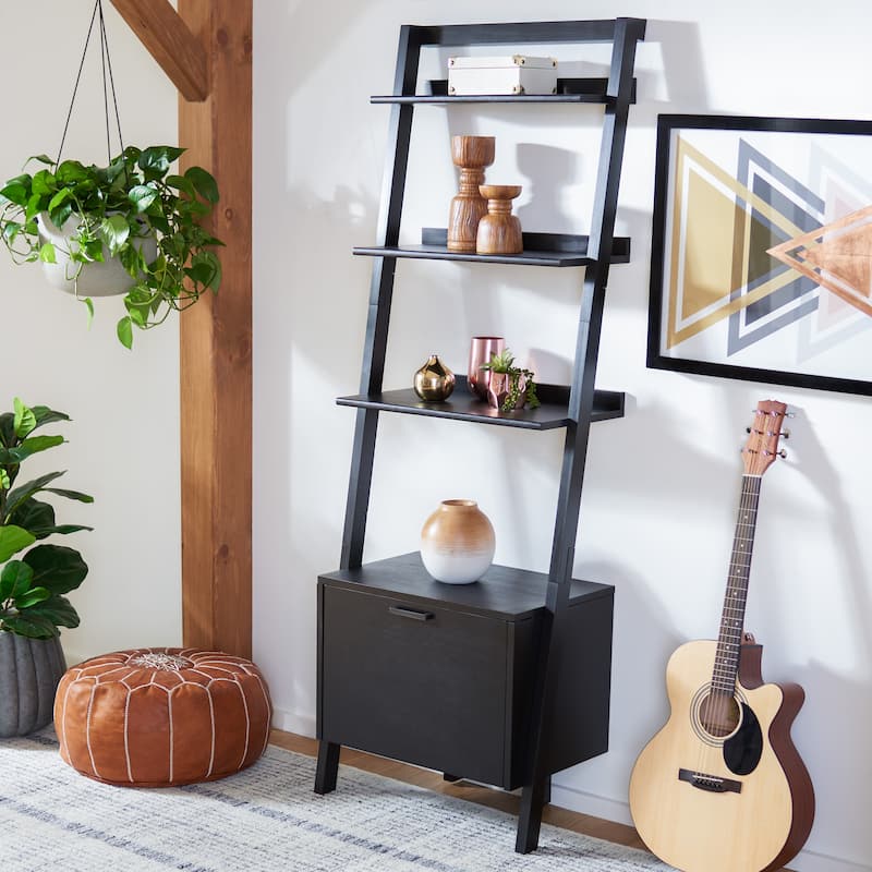 SAFAVIEH Ilianka Natural/Charcoal 3-Shelf 1 Door Etagere - 25" W x 15.4" L x 72" H - 25Wx15Dx72H