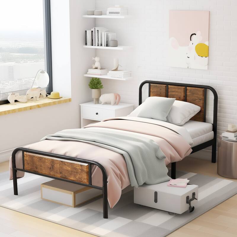 Javlergo Industrial Metal Platform Bed Frame with Headboard and Footboard, No Box Spring Needed, Rustic Brown