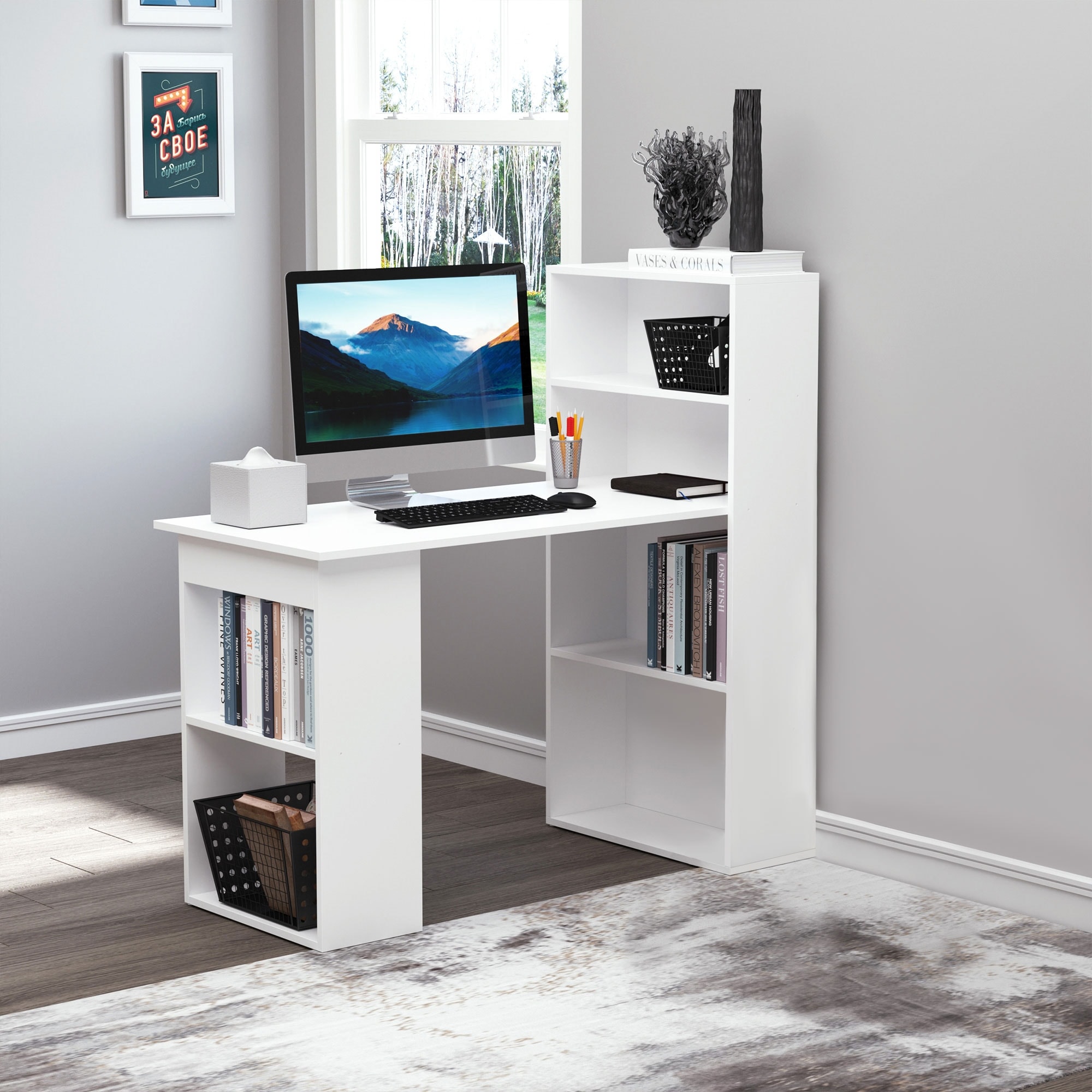 HOMCOM Compact Computer Desk 6 Tier Storage Shelves Writing Table Workstation with Bookshelf On Sale Bed Bath Beyond 28265903