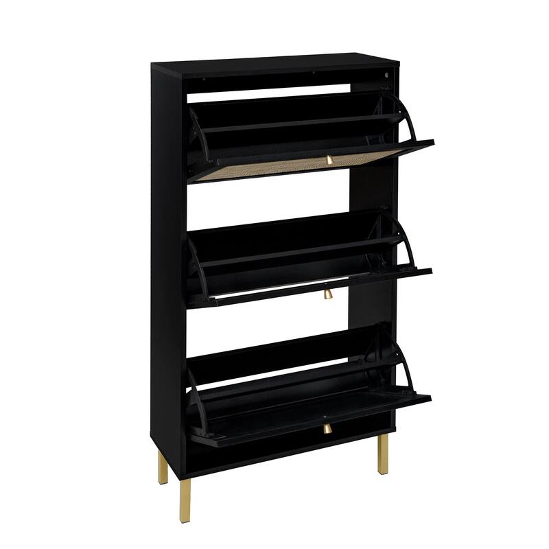 Shoe Storage Cabinet with 3 Flip Drawers, Freestanding 3-Tier Shoe Rack, Slim Shoe Organizer with Half Round Woven Rattan Doors
