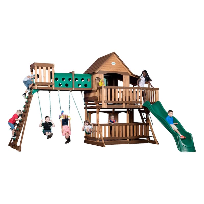 Backyard Discovery Woodridge Elite Cedar Wood Swing Set, Slide, Tunnel - 19'3" x 15'8" - Brown - Swing Set - 19'3" x 15'8" - Kids