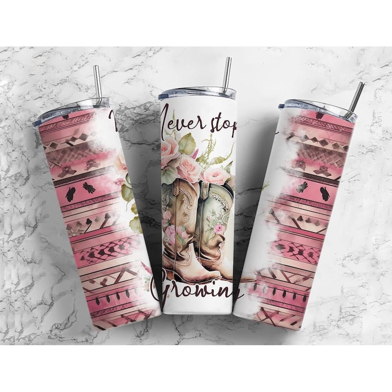 Never Stop Growing Country Cowgirl Boots 20 Oz Metal Tumbler w/Lid and Straw - Multi