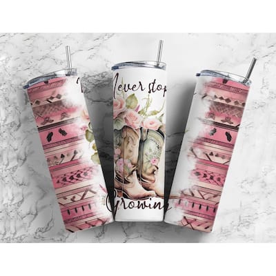 Never Stop Growing Country Cowgirl Boots 20 Oz Metal Tumbler w/Lid and Straw - Multi