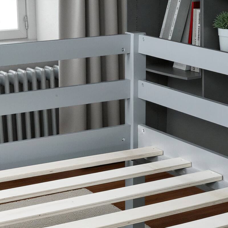 Full Size Loft Bed with Ladder, Solid Rubber Wood Frame Low Height Design with Guard Rails and Under-Bed Storage Space