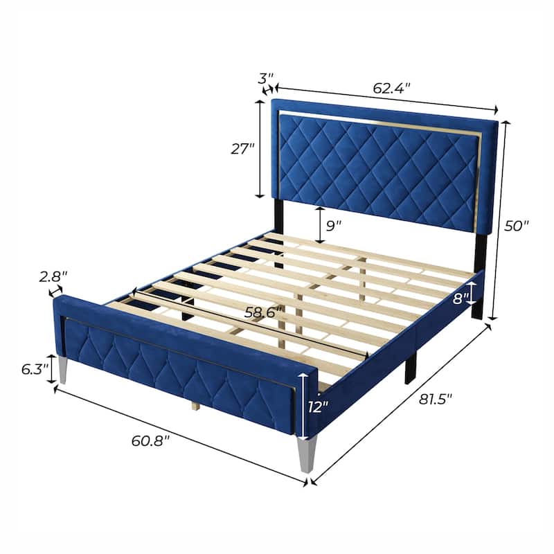 Wall Mounted Upholstered Bed Queen Blue,Padded Headboard,High-Density Padding