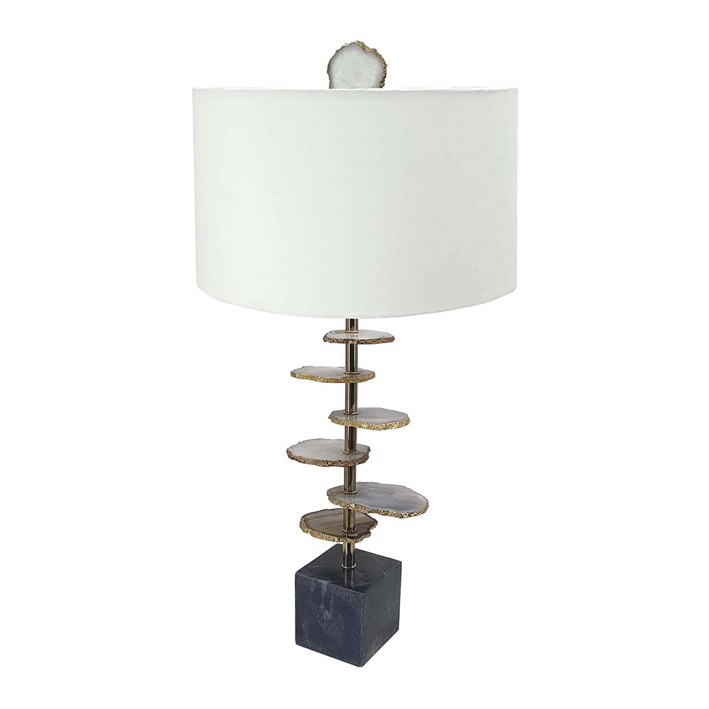 Agate Slice Table Lamp with Marble Base and White Drum Shade Natural Stone