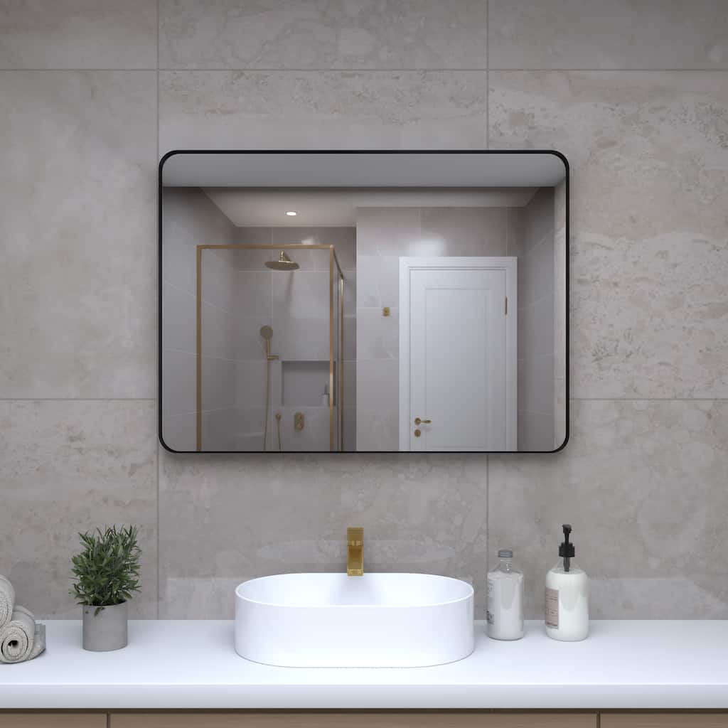 22 x 30 Inch Black Metal Framed Rectangular Tempered Bathroom Mirror for Wall - 29.72