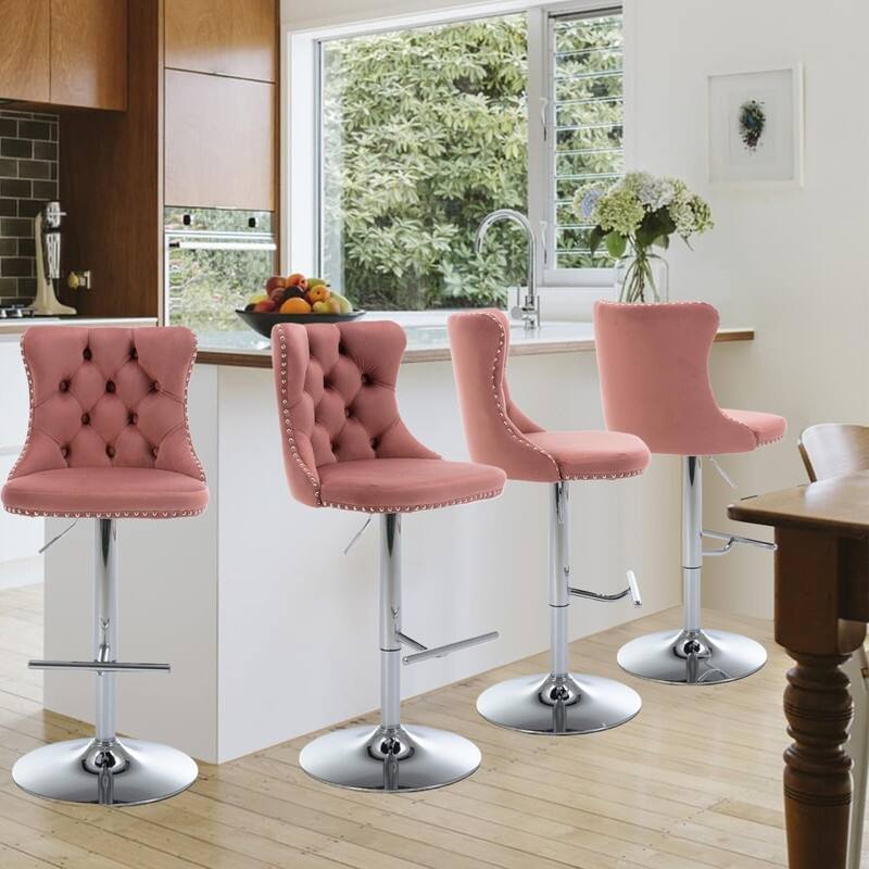 Velvet Upholstered Nailheads Tufted Swivel Bar Stools (Set of 4)