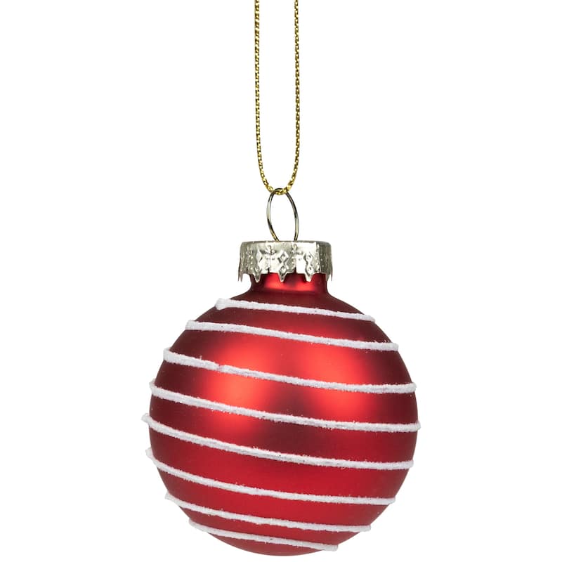 Snowflakes and Striped Glittered Glass Christmas Ornaments - 1.75-Inch (45mm) - Red - 12ct