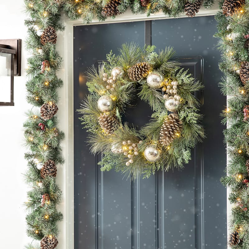 24"D Pre-Lit Ball Berry Holly Pinecone & Ornament Wreath with Brown Window Frame Set