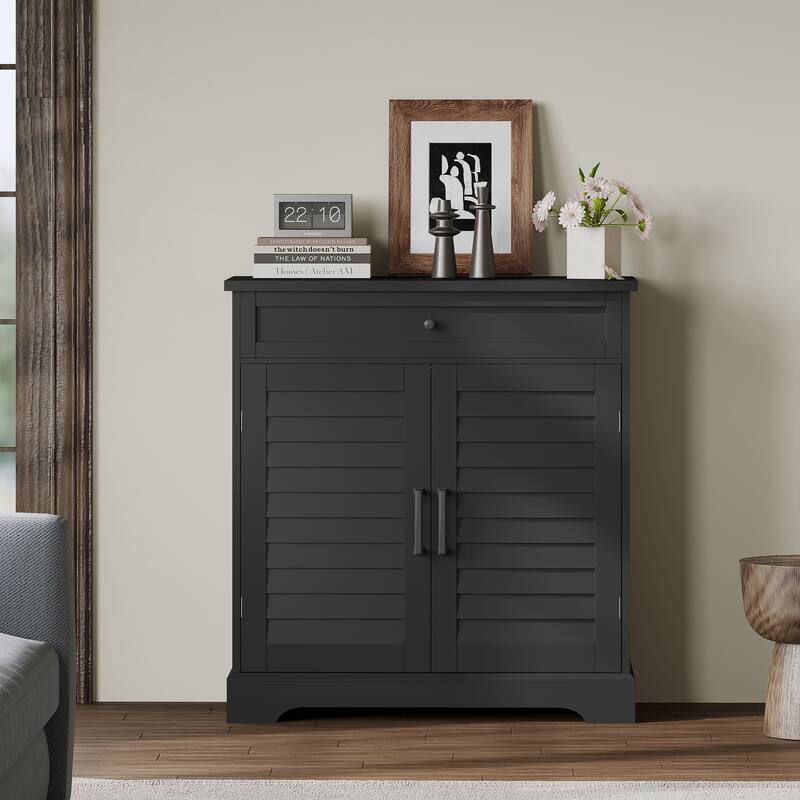 16 Pair Shoe Cabinet with Shuttered Doors, Wood Storage Cabinet with Drawer, Large Storage Entryway Accent Cabinet