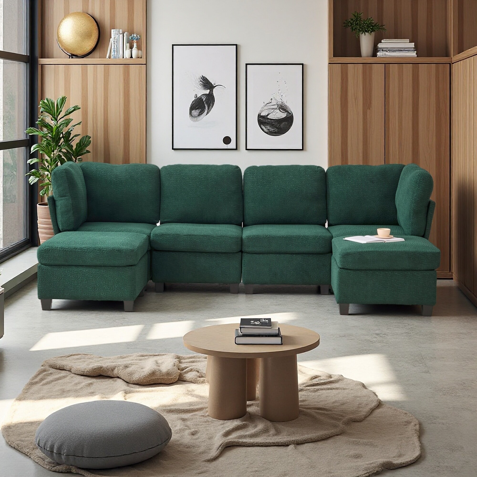 133.5" Polyester Modular 6-Seat Sectional Sofa with Storage Ottoman and Chaise Lounge