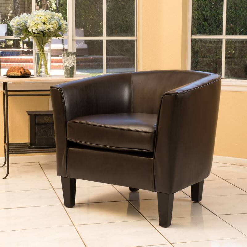 Roomfitters Faux Leather Barrel Accent Chair with Curved Back and Wood Legs, Upholstered Armchair for Living Room, Brown - Brown