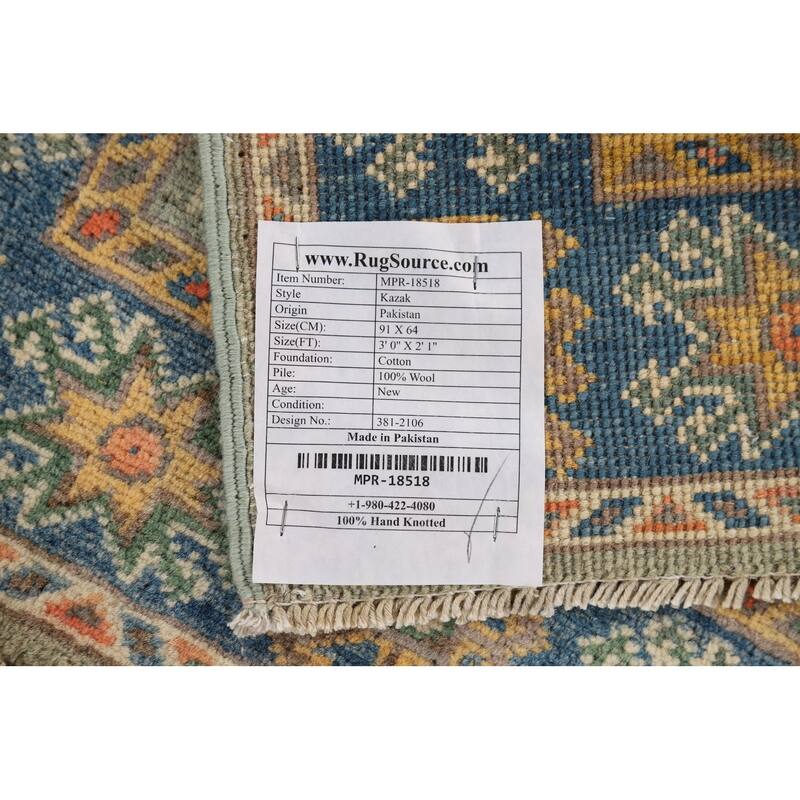 Green Kazak Foyer Rug Handmade Wool Carpet - 2'1" x 3'0"
