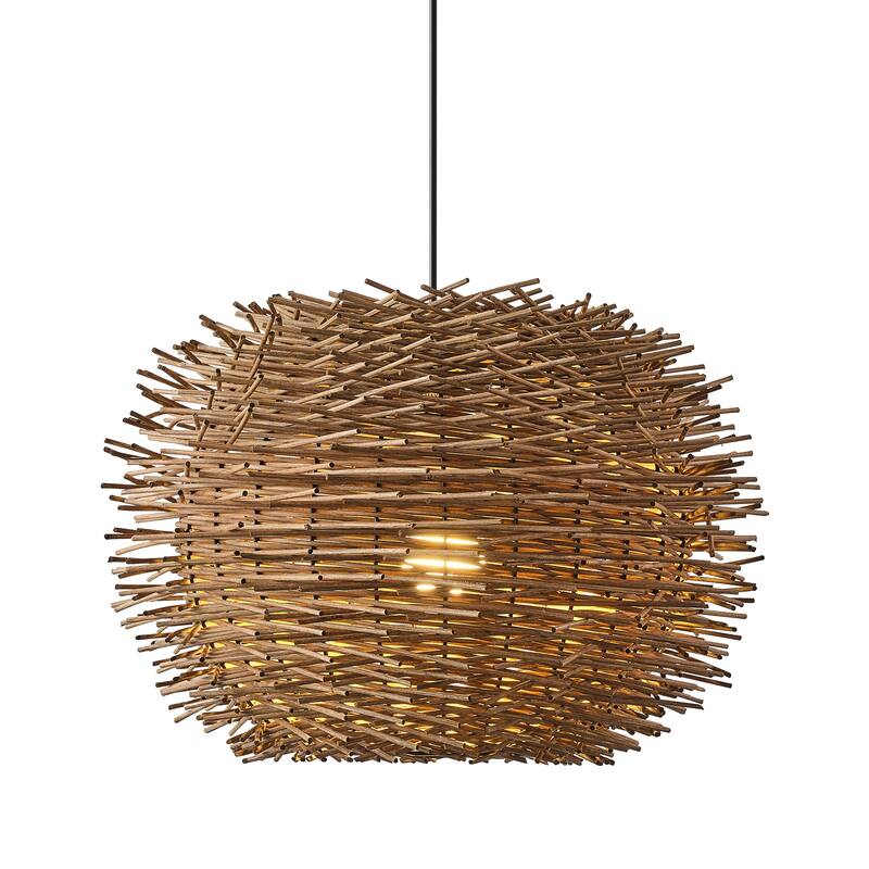 1-Light Modernism Nest Design Brown Hand-Woven Rattan Hanging Pendant Light - 20.47" W x 15.94" H