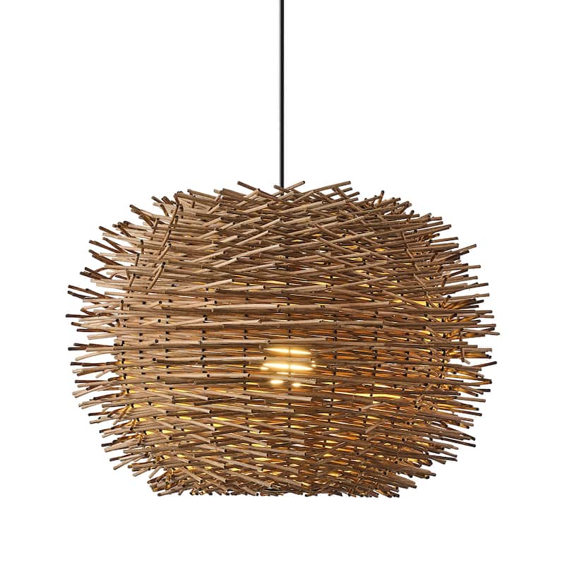 20-inch 1-Light Modern Natural Brown Hand-Woven Rattan Hanging Dining Room Chandelier - 18.89" W x 12.99" H