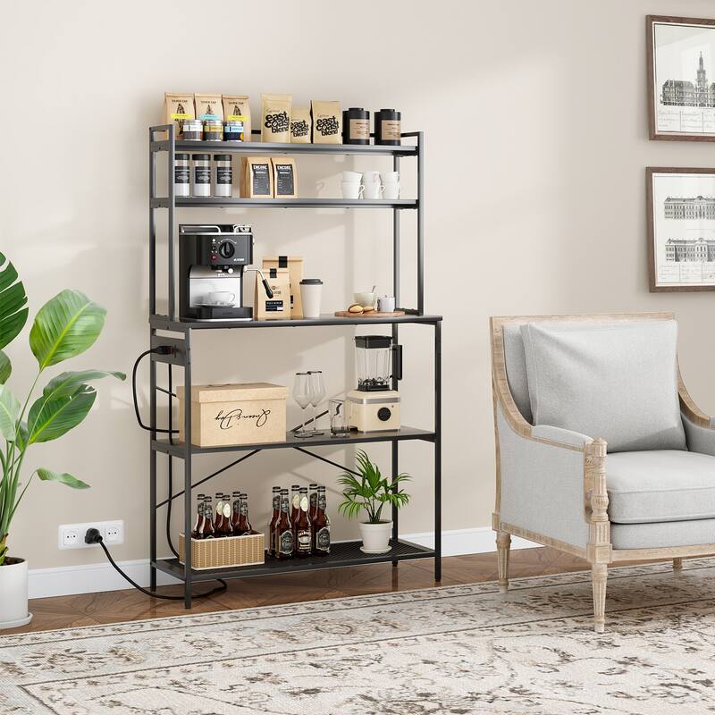 Large 5-Tier Bakers Rack with Electrical Outlets, 39 Inch Microwave Stand & Coffee Bar, Kitchen Storage Shelf for Home