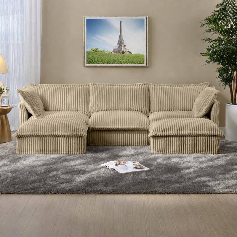 120" Corduroy U-Shape 3-Seater Sectional Sofa with Removable Slipcover, French Edge Design and Cloud-Like Cushions - Camel