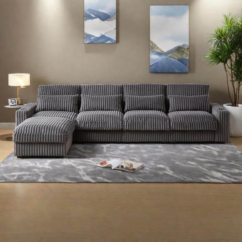 126" Corduroy L-Shaped Sectional Sofa with Cup Holders, and USB/Type-C Ports, Movable Footrest & 8 Pillows