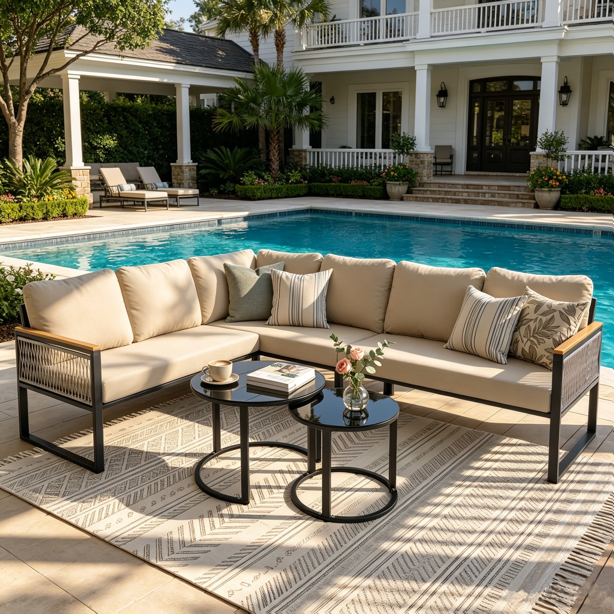 All-Weather Outdoor Patio Conversation Set with Hand-Woven Rope Chairs, Round Nesting Coffee Table, High-Resiliency Cushions