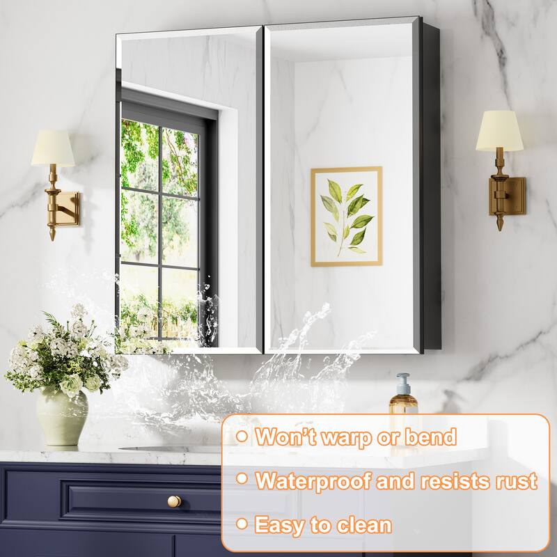 Belle Medicine Cabinet with Mirror, Adjustable Shelves, Recessed or Wall Mount